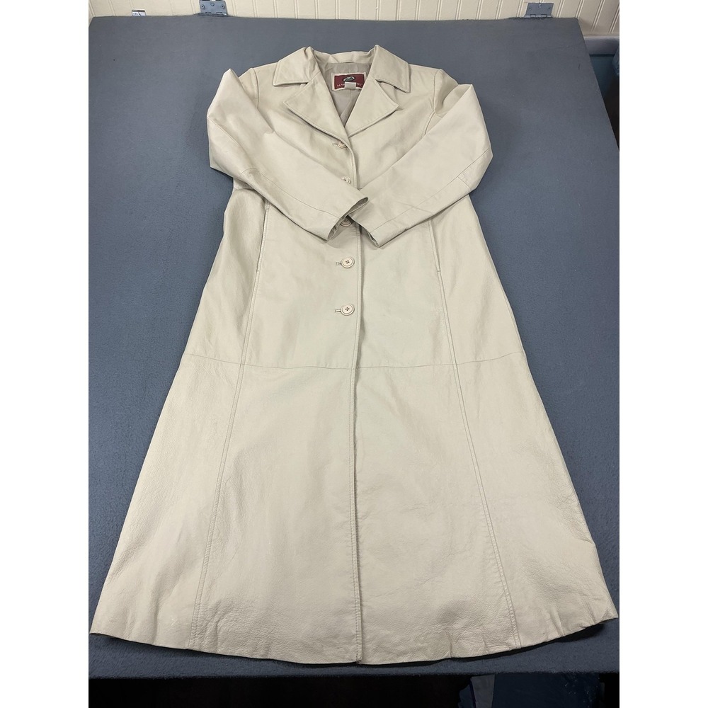 Marc Mattis Coat‎ Womens PM Beige Leather Long Overcoat Lined Pockets Button